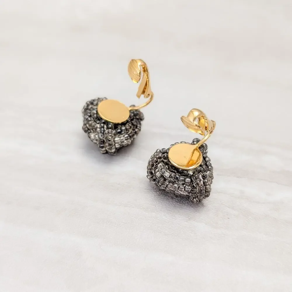 Vintage Clip On Earrings Grey Beaded Stylish Design Statement Earrings
